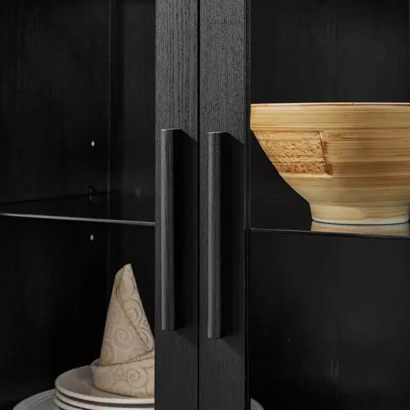 Mobile Contenitore ad Arco Alto con Lampada, Mobile Contenitore Moderno in Legno Stile Retrò con Divisori in Vetro Regolabili Nero