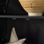 Mobile Contenitore ad Arco Alto con Lampada, Mobile Contenitore Moderno in Legno Stile Retrò con Divisori in Vetro Regolabili Nero