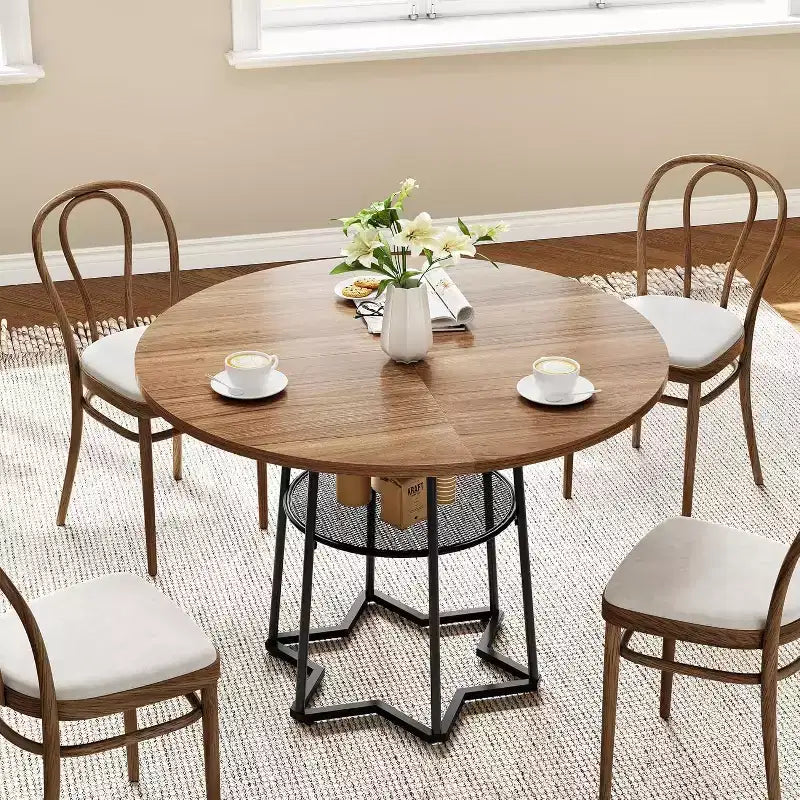 Tavolo da Cucina 38Farmhouse con Base Esagonale in Metallo e Ripiano, Tavolo da Pranzo Rotondo Moderno per 4, Tavolo in Legno per Piccoli Spazi per Cucina, Salotto