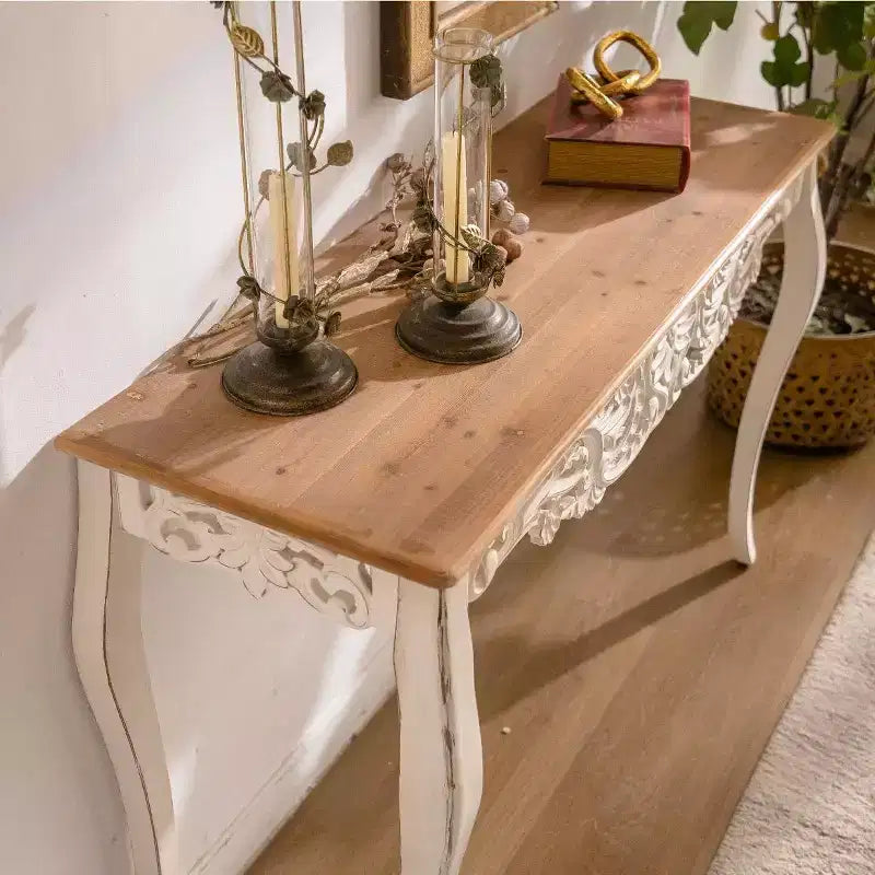 Console da Tavolo Antica Bianca Effetto Invecchiato, Tavolo da Ingresso Vintage, Tavolino da Divano, Tavolo d'Accento Stile Provenzale con Gambe Curve