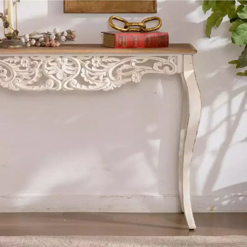 Console da Tavolo Antica Bianca Effetto Invecchiato, Tavolo da Ingresso Vintage, Tavolino da Divano, Tavolo d'Accento Stile Provenzale con Gambe Curve
