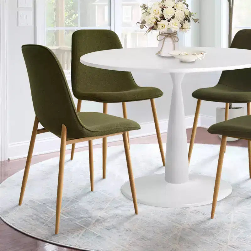 Tavolo da pranzo piccolo per 4 persone, rotondo con 4 sedie imbottite, gambe in rovere per appartamento, arredamento interno