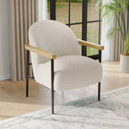 Modern Accent Chair with Teddy Fabric, Wood Arms and Adjustable Feet, Comfy Chair for Living Room, White