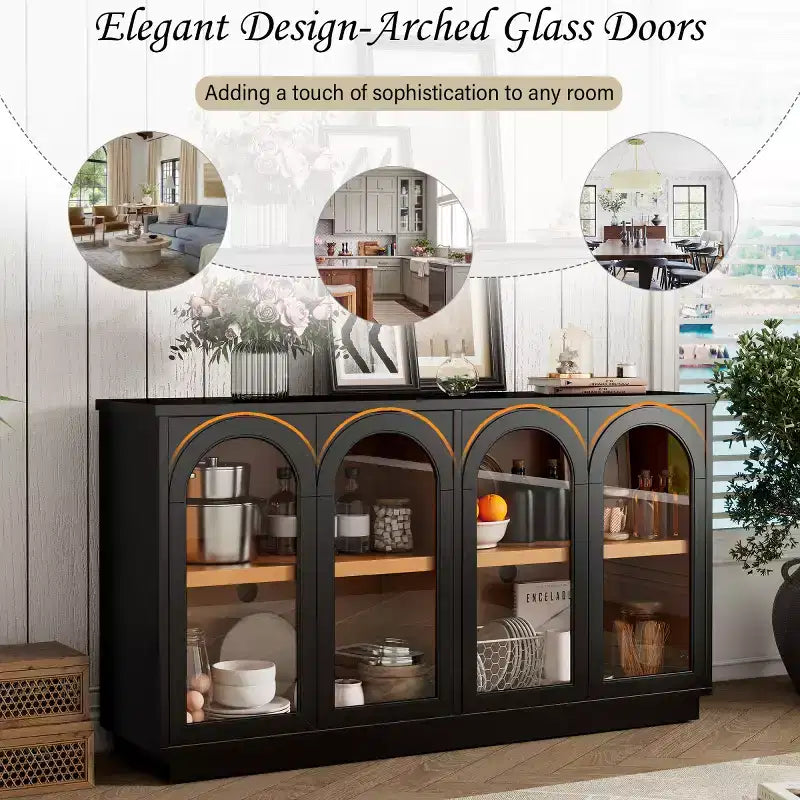 Credenza Madia Moderna con Ante in Vetro ad Arco, Mobile TV con Ripiano Regolabile, Sistema Push-to-Open