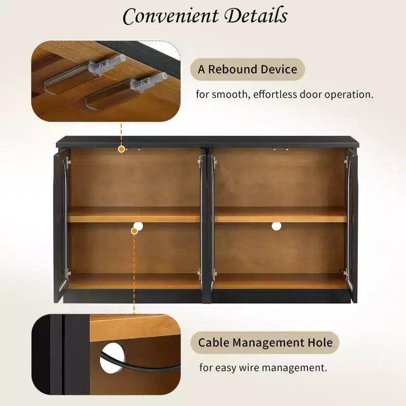 Credenza Madia Moderna con Ante in Vetro ad Arco, Mobile TV con Ripiano Regolabile, Sistema Push-to-Open