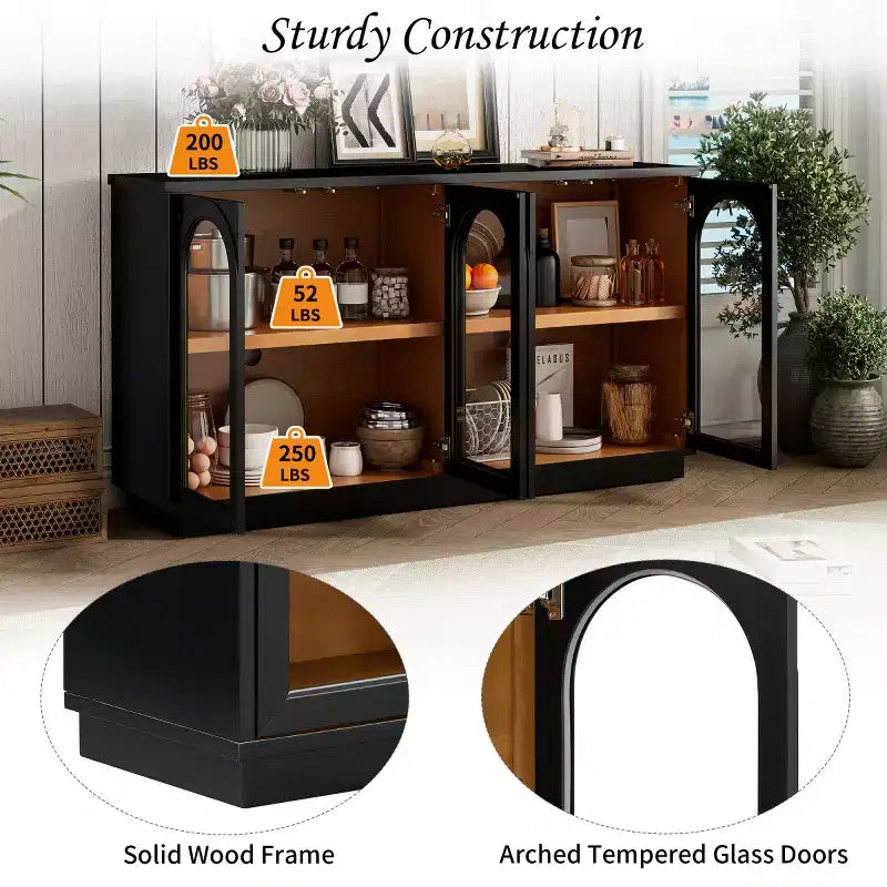 Credenza Madia Moderna con Ante in Vetro ad Arco, Mobile TV con Ripiano Regolabile, Sistema Push-to-Open