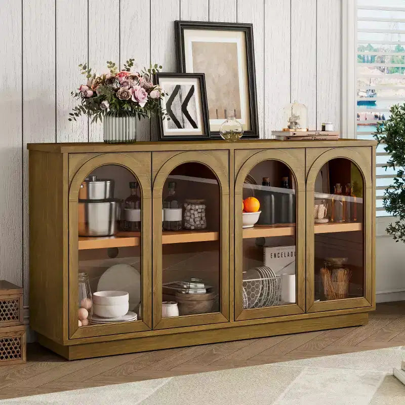 Credenza Madia Moderna con Ante in Vetro ad Arco, Mobile TV con Ripiano Regolabile, Sistema Push-to-Open