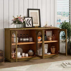 Credenza Madia Moderna con Ante in Vetro ad Arco, Mobile TV con Ripiano Regolabile, Sistema Push-to-Open