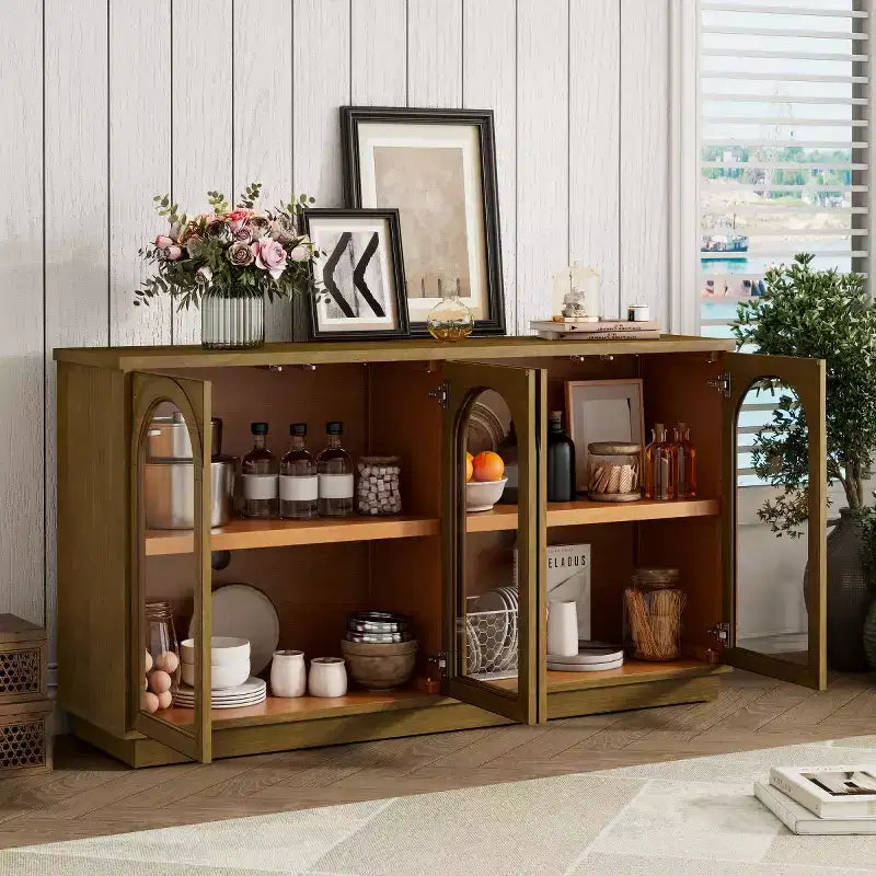 Credenza Madia Moderna con Ante in Vetro ad Arco, Mobile TV con Ripiano Regolabile, Sistema Push-to-Open