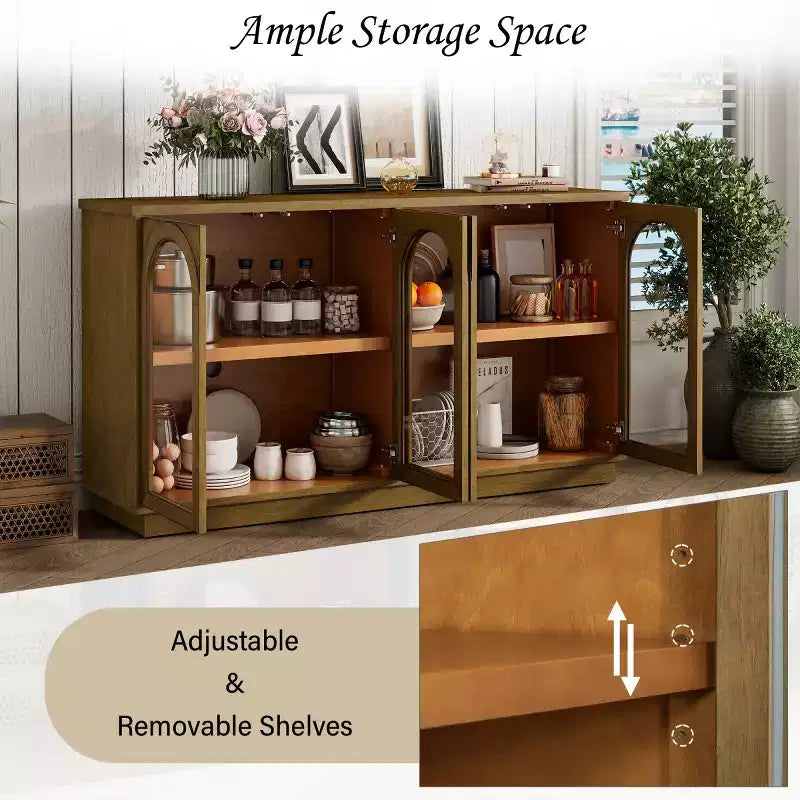 Credenza Madia Moderna con Ante in Vetro ad Arco, Mobile TV con Ripiano Regolabile, Sistema Push-to-Open