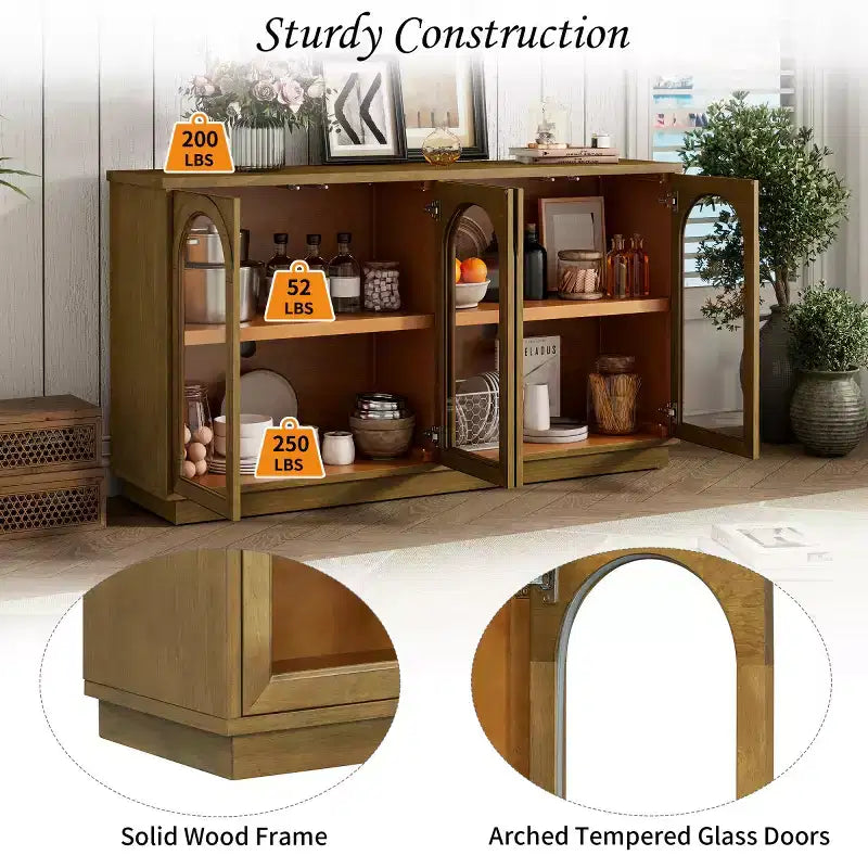 Credenza Madia Moderna con Ante in Vetro ad Arco, Mobile TV con Ripiano Regolabile, Sistema Push-to-Open