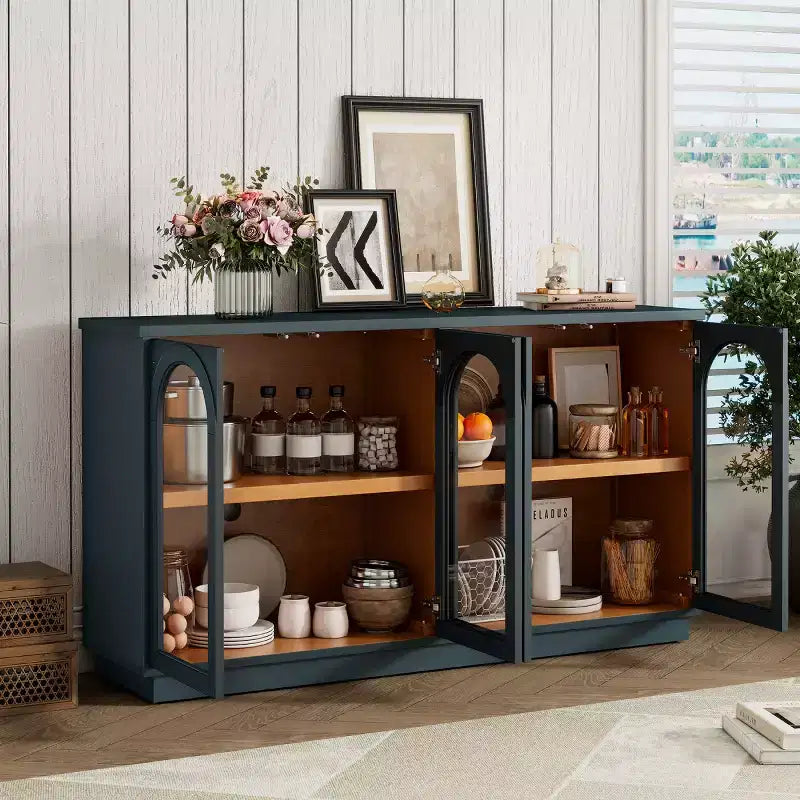 Credenza Madia Moderna con Ante in Vetro ad Arco, Mobile TV con Ripiano Regolabile, Sistema Push-to-Open