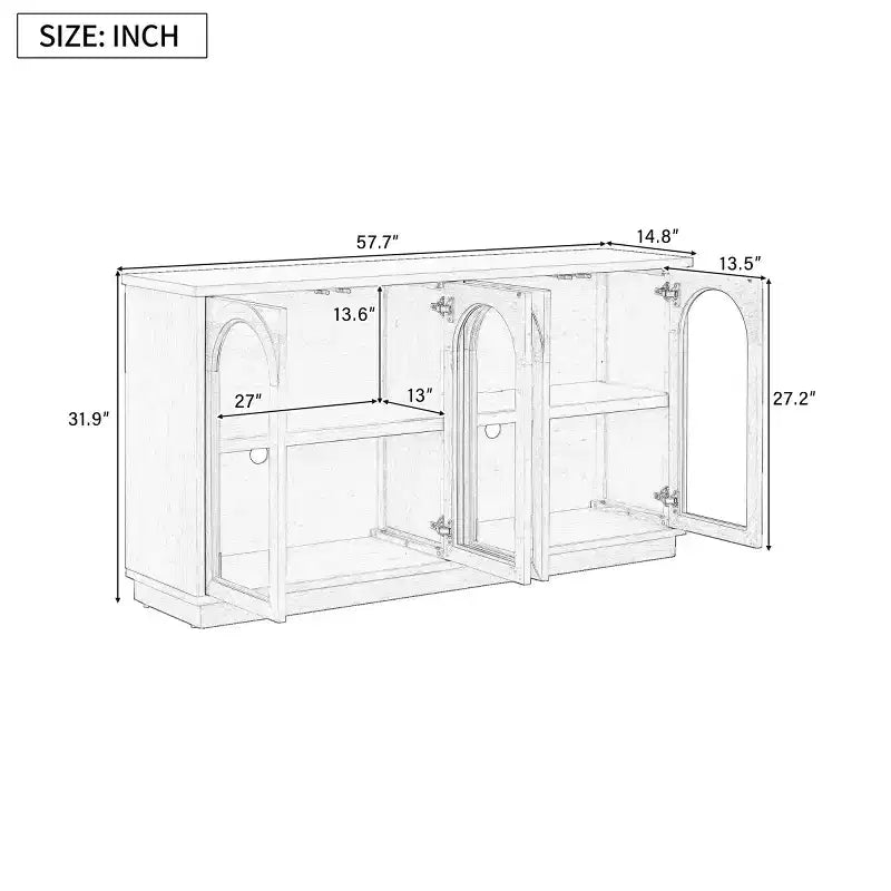 Credenza Madia Moderna con Ante in Vetro ad Arco, Mobile TV con Ripiano Regolabile, Sistema Push-to-Open