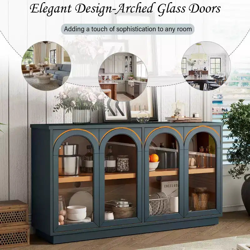 Credenza Madia Moderna con Ante in Vetro ad Arco, Mobile TV con Ripiano Regolabile, Sistema Push-to-Open