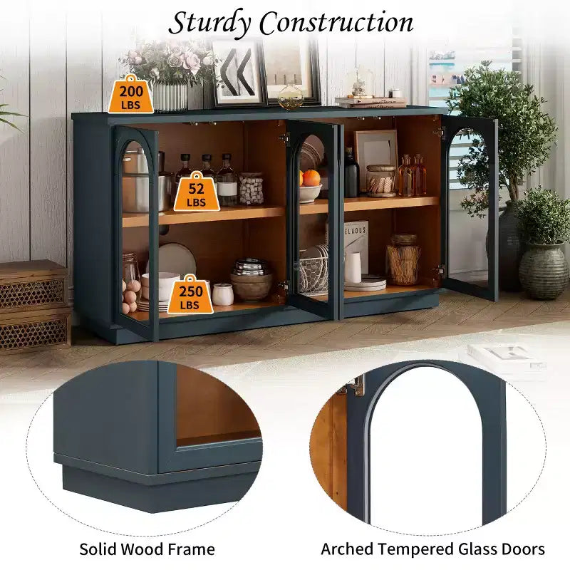 Credenza Madia Moderna con Ante in Vetro ad Arco, Mobile TV con Ripiano Regolabile, Sistema Push-to-Open