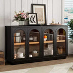 Credenza Madia Moderna con Ante in Vetro ad Arco, Mobile TV con Ripiano Regolabile, Sistema Push-to-Open