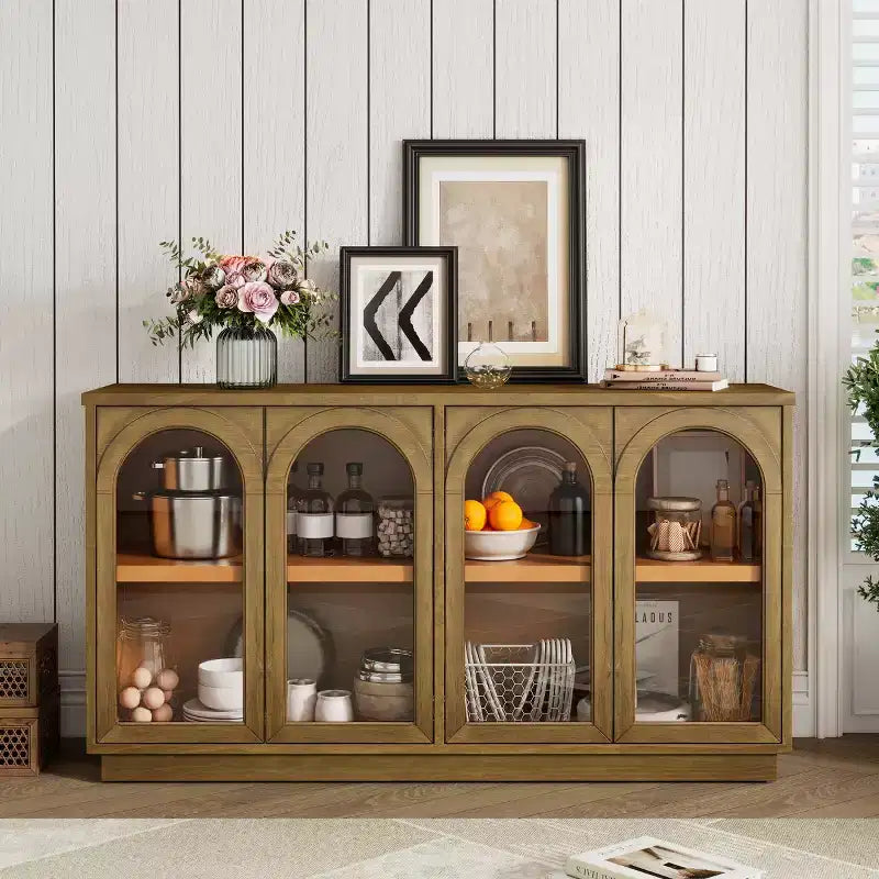 Credenza Madia Moderna con Ante in Vetro ad Arco, Mobile TV con Ripiano Regolabile, Sistema Push-to-Open