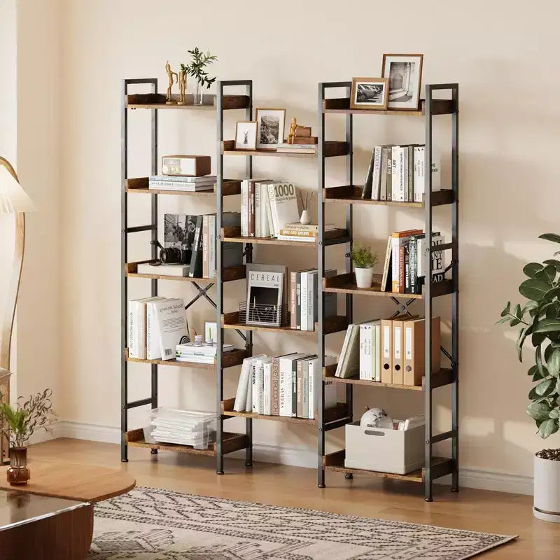 Libreria Industriale a 5 Ripiani con 14 Scaffali Aperti, Struttura Robusta in Metallo, Marrone Rustico