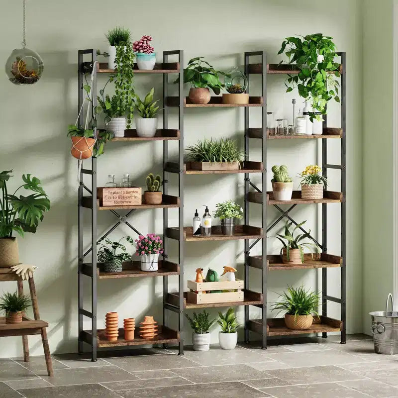 Libreria Industriale a 5 Ripiani con 14 Scaffali Aperti, Struttura Robusta in Metallo, Marrone Rustico