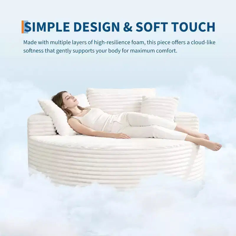 Poltrona Chaise Longue rotonda, da interno, extra large 140x140 cm, moderna, nessun assemblaggio richiesto, in ciniglia, divano Cloud senza struttura, divano singolo con 4 cuscini, seduta profonda