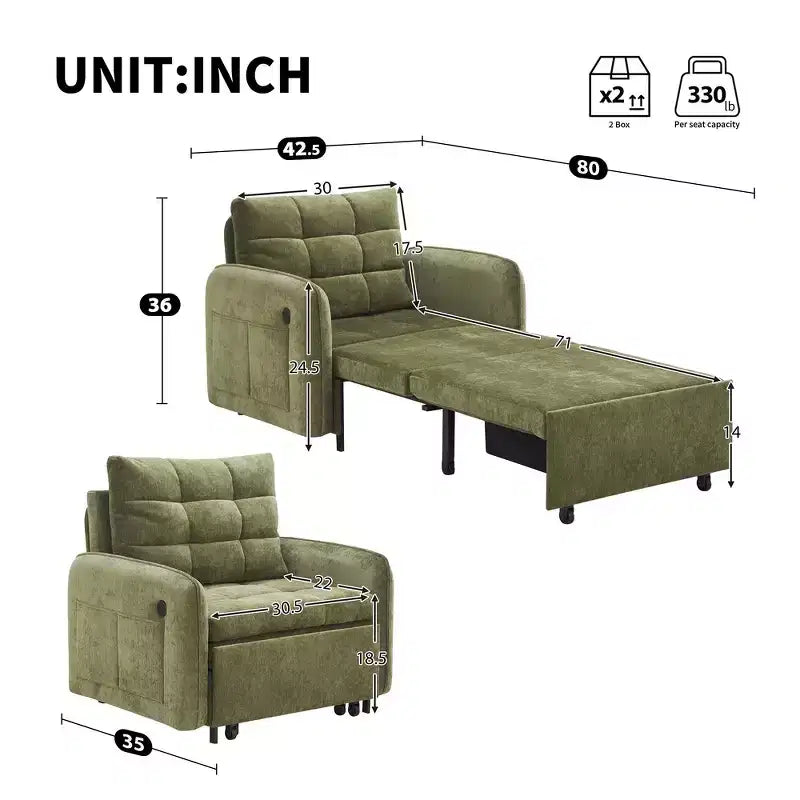 Poltrona Letto Whisen 3 in 1, Divano Letto Estraibile 80 Extra Lungo, Divano Letto Singolo in ciniglia con Tasche portaoggetti