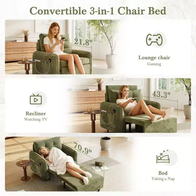Poltrona Letto Whisen 3 in 1, Divano Letto Estraibile 80 Extra Lungo, Divano Letto Singolo in ciniglia con Tasche portaoggetti