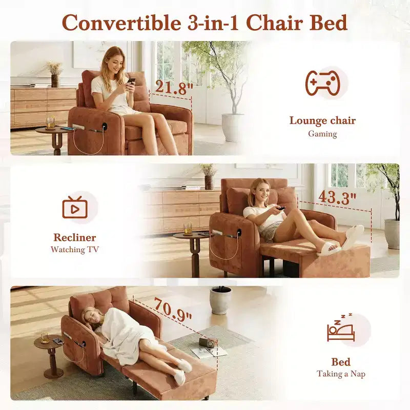 Poltrona Letto Whisen 3 in 1, Divano Letto Estraibile 80 Extra Lungo, Divano Letto Singolo in ciniglia con Tasche portaoggetti
