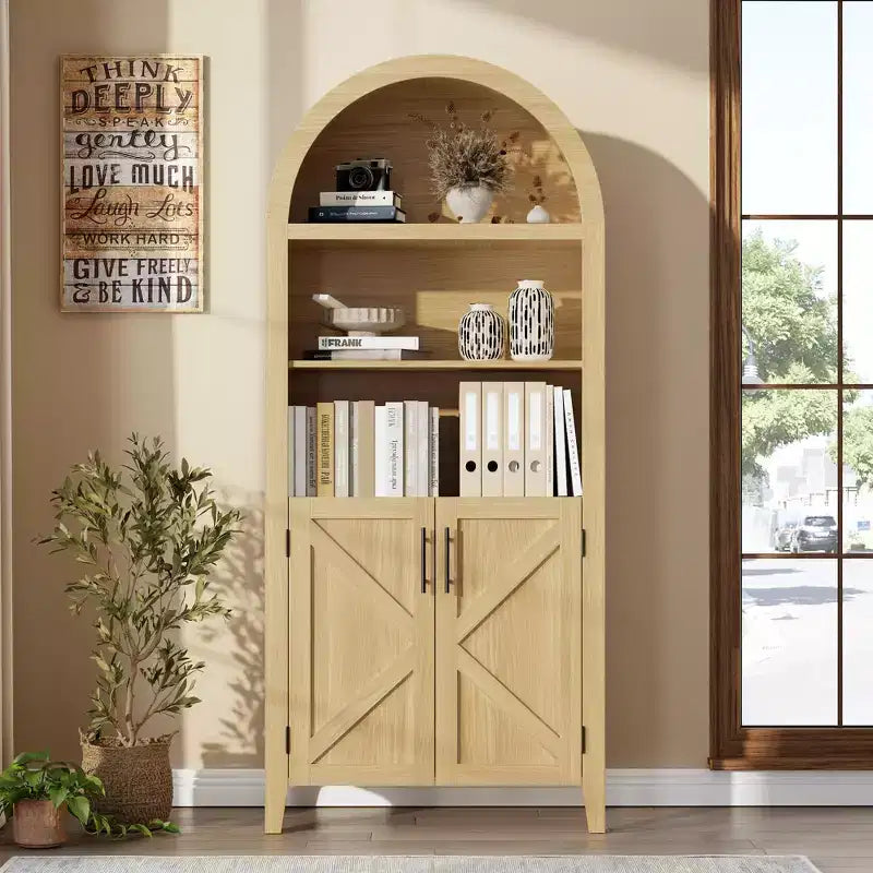 Libreria ad Arco con Ante, Scaffale Moderno a 5 Ripiani con Mobile Contenitore, Scaffale a Giorno per Soggiorno e Ufficio