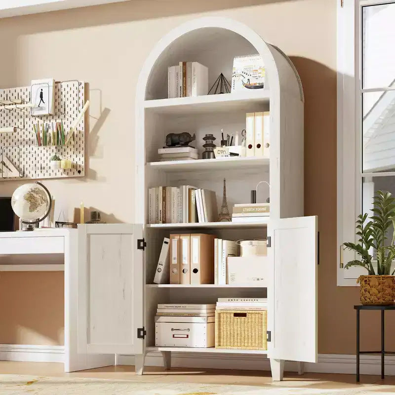 Libreria ad Arco con Ante, Scaffale Moderno a 5 Ripiani con Mobile Contenitore, Scaffale a Giorno per Soggiorno e Ufficio