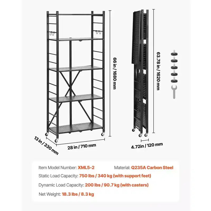 Scaffale portaoggetti pieghevole a 5 ripiani con ruote 71 x 33 x 167,5 cm in metallo