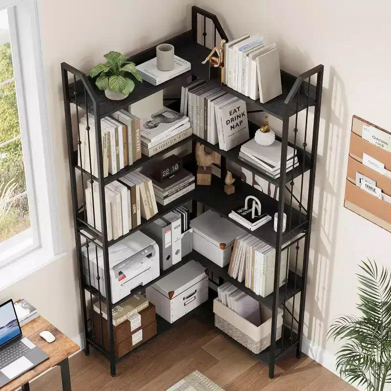 Scaffale angolare a 5 ripiani, libreria alta a L da 183 cm, organizer e contenitore, libreria moderna per camera da letto, soggiorno e ufficio