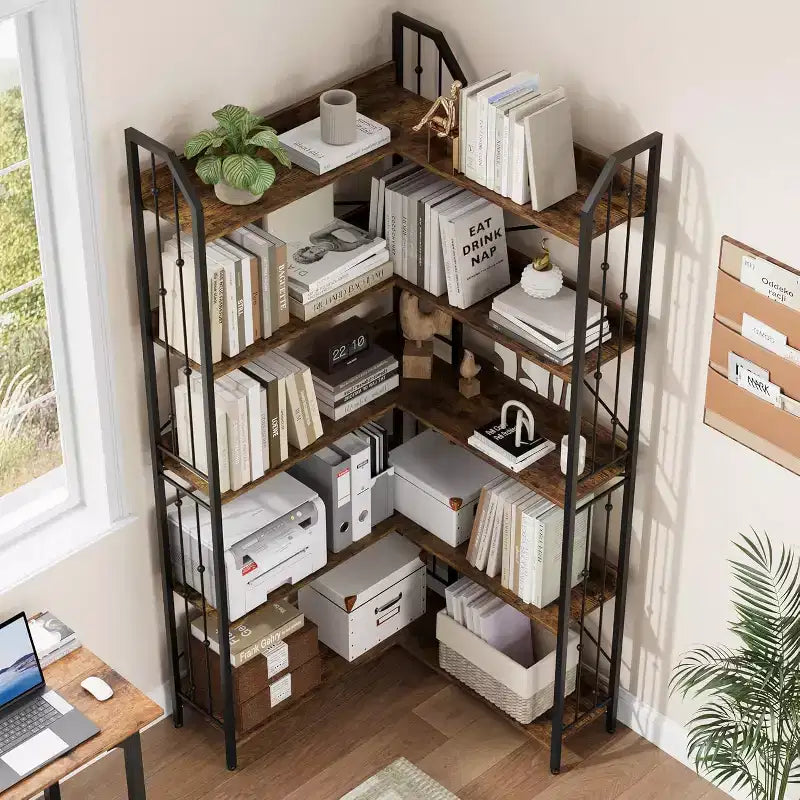Scaffale angolare a 5 ripiani, libreria alta a L da 183 cm, organizer e contenitore, libreria moderna per camera da letto, soggiorno e ufficio