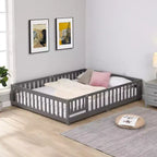 Queen Size Floor Bed with Door and Fence, Montessori Bed with Guardrails and Slats, Wood Platform Bed Frame for Girls and Boys