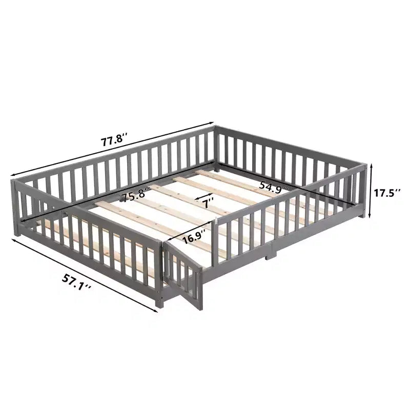 Letto a pavimento Queen Size con porta e recinzione, letto Montessori con spondine e doghe, struttura letto a piattaforma in legno per bambine e bambini