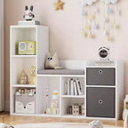 Acekool Wooden Kids Bookshelf, 5-Cubby Playhouse Bookcase with Storage Boxes, Organizer Shelf for Nursery Playroom Bedroom, White