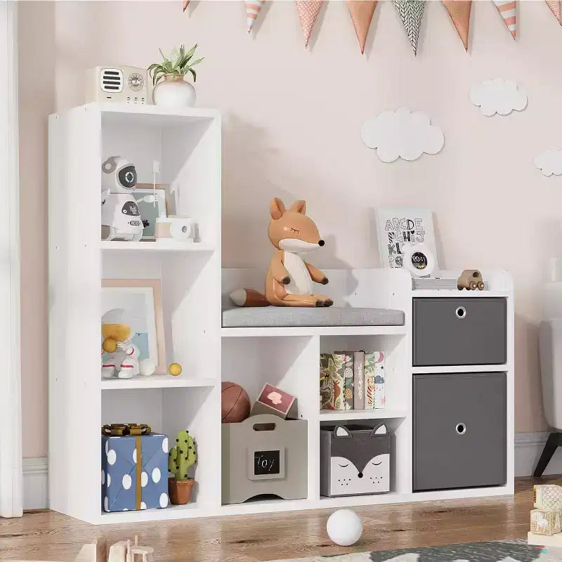 Libreria per bambini in legno, Libreria a 5 scomparti con scatole portaoggetti, Scaffale organizer per cameretta, stanza dei giochi, camera da letto, Bianco