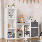 Libreria per bambini in legno, Libreria a 5 scomparti con scatole portaoggetti, Scaffale organizer per cameretta, stanza dei giochi, camera da letto, Bianco