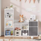 Libreria per bambini in legno, Libreria a 5 scomparti con scatole portaoggetti, Scaffale organizer per cameretta, stanza dei giochi, camera da letto, Bianco