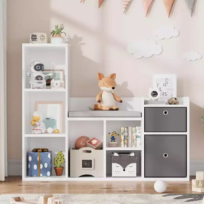 Libreria per bambini in legno, Libreria a 5 scomparti con scatole portaoggetti, Scaffale organizer per cameretta, stanza dei giochi, camera da letto, Bianco