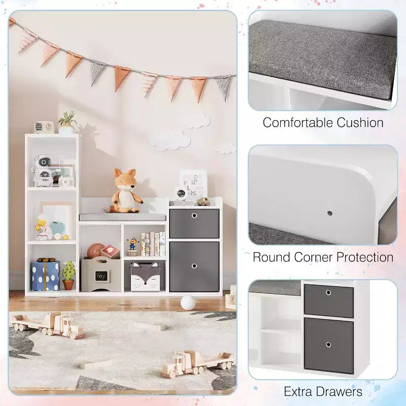 Libreria per bambini in legno, Libreria a 5 scomparti con scatole portaoggetti, Scaffale organizer per cameretta, stanza dei giochi, camera da letto, Bianco