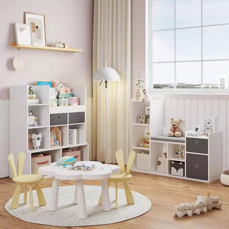 Libreria per bambini in legno, Libreria a 5 scomparti con scatole portaoggetti, Scaffale organizer per cameretta, stanza dei giochi, camera da letto, Bianco