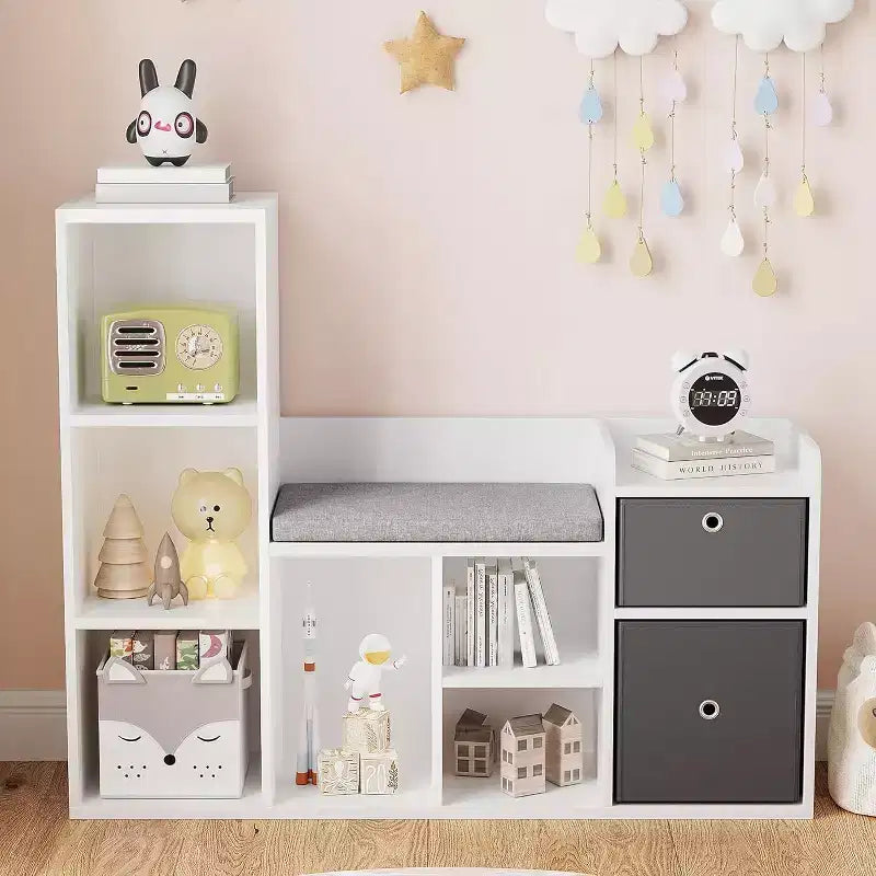 Libreria per bambini in legno, Libreria a 5 scomparti con scatole portaoggetti, Scaffale organizer per cameretta, stanza dei giochi, camera da letto, Bianco