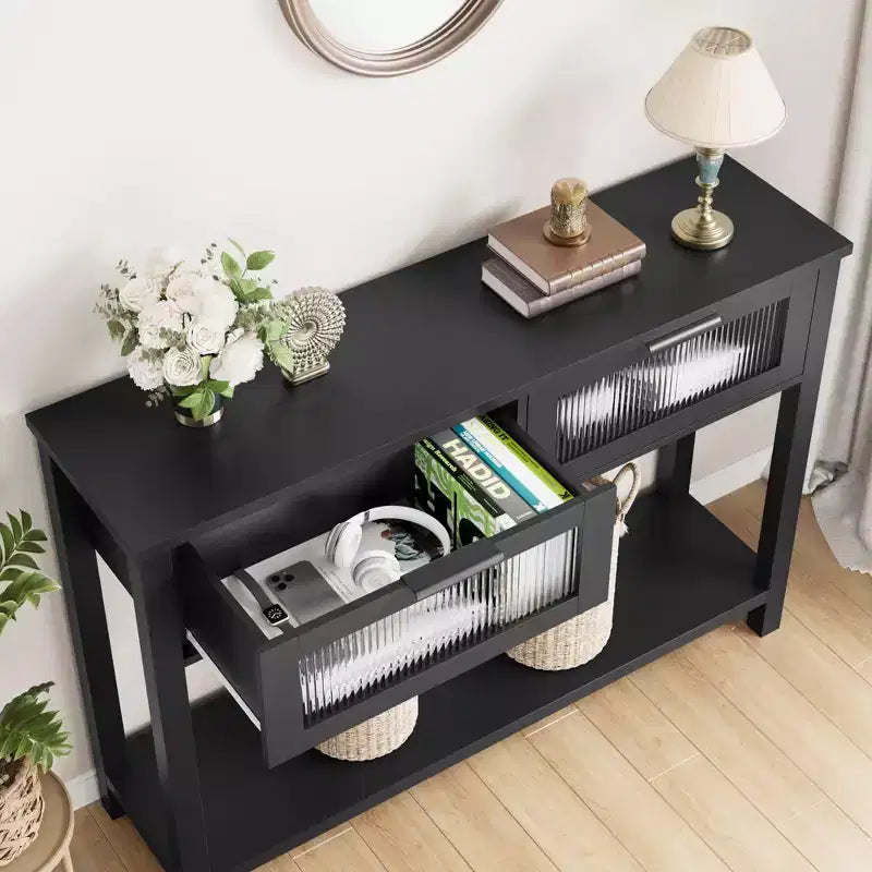 Tavolino da Ingresso, Consolle in Legno con 2 Cassetti in Vetro, Tavolino da Divano a 2 Livelli con Contenitore per Soggiorno, Tavoli per Foyer da Ingresso - Nero