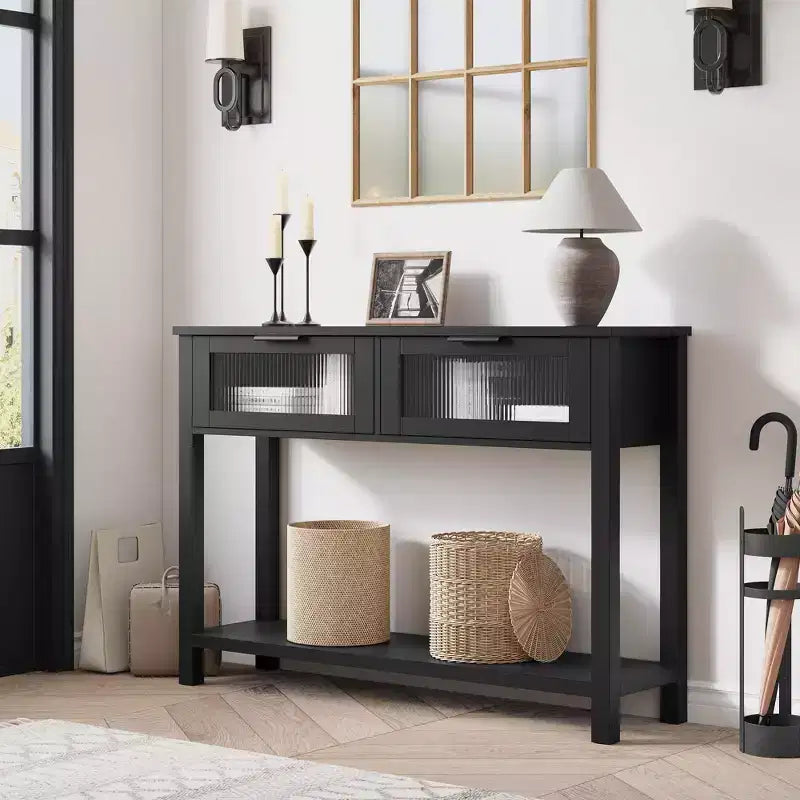 Tavolino da Ingresso, Consolle in Legno con 2 Cassetti in Vetro, Tavolino da Divano a 2 Livelli con Contenitore per Soggiorno, Tavoli per Foyer da Ingresso - Nero