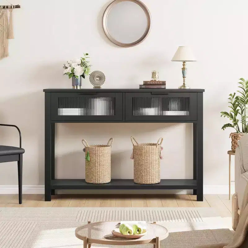 Tavolino da Ingresso, Consolle in Legno con 2 Cassetti in Vetro, Tavolino da Divano a 2 Livelli con Contenitore per Soggiorno, Tavoli per Foyer da Ingresso - Nero
