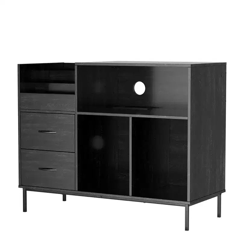 Mobile per giradischi ecologico con coperchio apribile - Armadietto in legno per dischi in vinile con doppia presa di corrente, Adatto per soggiorno, Nero