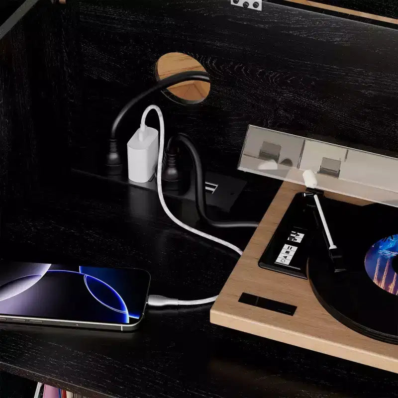 Mobile per giradischi ecologico con coperchio apribile - Armadietto in legno per dischi in vinile con doppia presa di corrente, Adatto per soggiorno, Nero