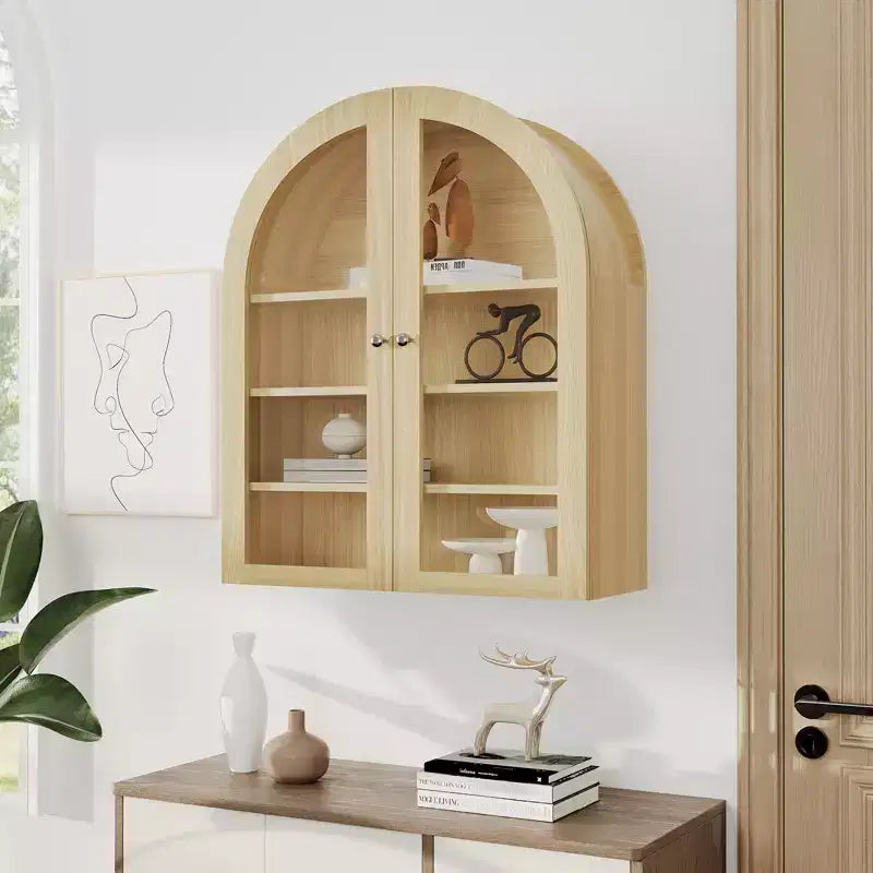 Armadietto da bagno a parete ad arco, mobiletto pensile da medicinali in legno stile rustico con ante in acrilico e ripiani regolabili per cucina e lavanderia