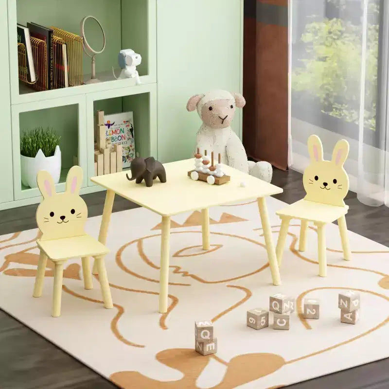 Set Tavolo e Sedie per Bambini con 2 Sedie a Coniglio, Tavolo da Attività in Legno per Bambini, Set da Studio e Gioco con Design Animale Carino per la Stanza dei Giochi