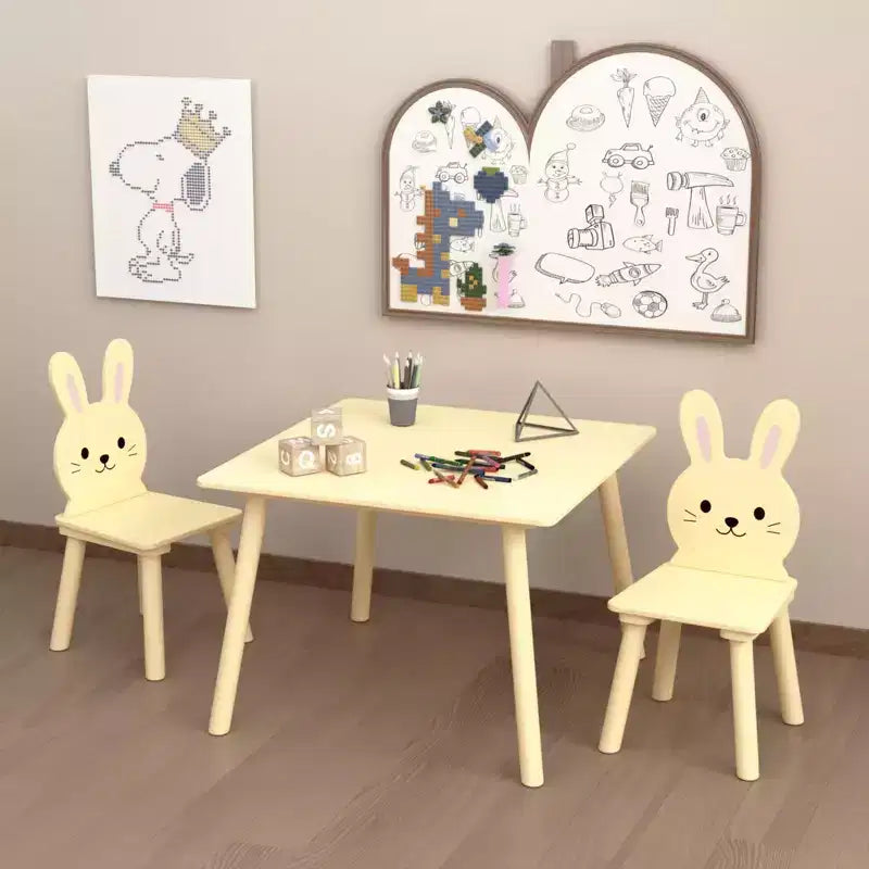 Set Tavolo e Sedie per Bambini con 2 Sedie a Coniglio, Tavolo da Attività in Legno per Bambini, Set da Studio e Gioco con Design Animale Carino per la Stanza dei Giochi